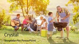  Presentation with grilling - Theme having outdoor recreation - happy family grilling meat background and a yellow colored foreground