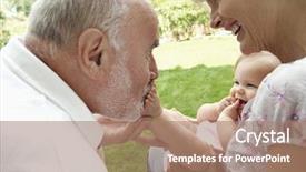  Presentation with grandparents - Colorful PPT layouts enhanced with outdoor recreation - happy grandparents playing with granddaughter backdrop and a coral colored foreground