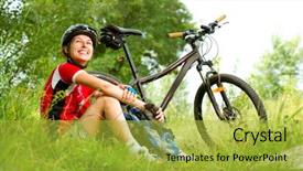  Presentation with happy birthday bicycle - Slide set featuring outdoor recreation - happy young woman riding bicycle background and a yellow colored foreground