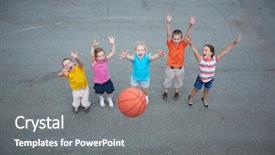  Presentation with group of sports balls - Beautiful presentation featuring outdoor recreation - image of happy friends playing backdrop and a gray colored foreground