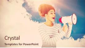  Presentation with announcement - Presentation theme featuring outdoor speaker - young woman using megaphone background and a lemonade colored foreground