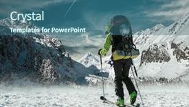  Presentation with mountain top - Presentation design featuring outdoor sports - men with backpack at ski background and a ocean colored foreground