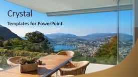  Presentation with veranda - Cool new slide deck with outdoor wiker furniture - beautiful veranda with wooden table backdrop and a light blue colored foreground