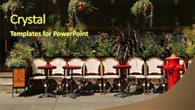  Presentation with open channel - PPT theme featuring outdoor wiker furniture - open terrace with round tables background and a  colored foreground