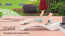  Presentation with green trees in park - Presentation design consisting of outdoor wiker furniture - wicker deck chair and table background and a  colored foreground