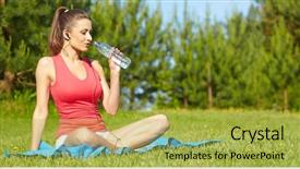  Presentation with woman runner - Cool new slide set with outdoor workout woman fitness woman runner relaxing drinking water after training outside in park backdrop and a yellow colored foreground