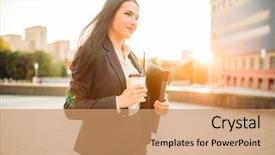  Presentation with notebook - Presentation design enhanced with outdoors centres - business woman in suit background and a coral colored foreground