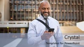  Presentation with man holding phone - Colorful slide deck enhanced with outdoors centres - happy african businessman holding mobile backdrop and a light blue colored foreground