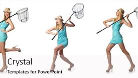  Presentation with white and black woman climbing ladders - Colorful presentation enhanced with papillon - woman with catching net isolated backdrop and a sky blue colored foreground