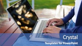  Presentation with african american in computer - PPT theme having outdoors in park on steps background and a  colored foreground