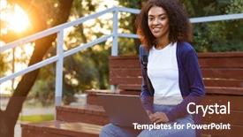  Presentation with african american in computer - PPT theme consisting of outdoors in park on steps background and a  colored foreground