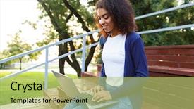  Presentation with happy image - Slide deck with outdoors in park on steps background and a  colored foreground