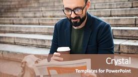  Presentation with one young man exercising handball - Audience pleasing PPT theme consisting of outdoors on steps reading newspaper backdrop and a coral colored foreground