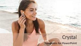  Presentation with listening woman - Colorful PPT theme enhanced with outdoors resting after workout listening backdrop and a coral colored foreground