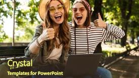  Presentation with photo - Colorful slide deck enhanced with outdoors sitting using laptop computer backdrop and a tawny brown colored foreground