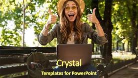  Presentation with photo - Amazing PPT theme having outdoors sitting using laptop computer backdrop and a tawny brown colored foreground