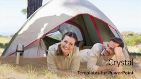  Presentation with camera - Theme consisting of outdoorsy couple smiling at camera inside their tent on a sunny day background and a coral colored foreground
