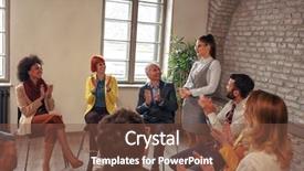  Presentation with women meeting - Audience pleasing PPT theme consisting of outeach plan - coworkers applauding women in group backdrop and a tawny brown colored foreground