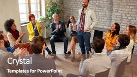  Presentation with group discussion - PPT layouts featuring outeach plan - discussion business group- coworkers applauding background and a violet colored foreground