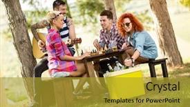  Presentation with cold beer - Cool new slide deck with outing - curly red-haired girl takes backdrop and a gold colored foreground