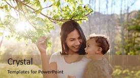  Presentation with woman child - Slides enhanced with outing - smiling woman showing teaching her background and a coral colored foreground