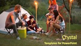  Presentation with tent - PPT layouts with outing - socializing youngsters in front background and a tawny brown colored foreground