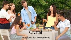  Presentation with barbecue - Audience pleasing PPT theme consisting of outing - young friends having barbecue party backdrop and a coral colored foreground