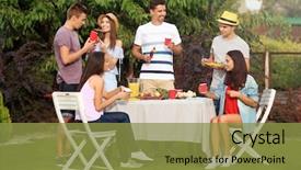 Presentation with garden tea party pretty - PPT layouts with outing - young friends having barbecue party background and a gold colored foreground