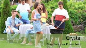  Presentation with barbecue - Slide deck with outing - young friends having barbecue party background and a seafoam green colored foreground