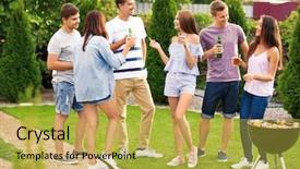 Presentation with garden tea party pretty - Slides enhanced with outing - young friends having barbecue party background and a yellow colored foreground