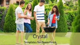  Presentation with beer garden friends in tracht - Beautiful slides featuring outing - young friends having barbecue party backdrop and a yellow colored foreground