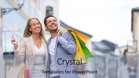  Presentation with diverse group of smiling people giving thumbs up - Audience pleasing PPT theme consisting of outlet - smiling people with shopping bags backdrop and a light blue colored foreground