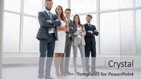  Presentation with group - Cool new slide deck with outlook - group of businessmen and businesswoman backdrop and a light gray colored foreground