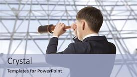  Presentation with telescope - Amazing PPT layouts having outlook binoculars - business concept businessman looks backdrop and a light blue colored foreground