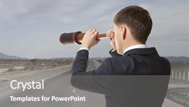  Presentation with telescope - Slide deck with outlook binoculars - business concept businessman looks background and a gray colored foreground
