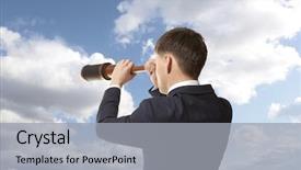  Presentation with telescope - Amazing presentation design having outlook binoculars - business concept businessman looks backdrop and a light gray colored foreground