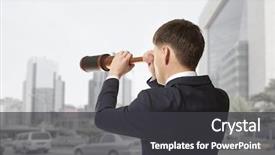  Presentation with telescope - Cool new theme with outlook binoculars - business concept businessman looks backdrop and a dark gray colored foreground
