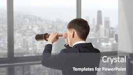 Presentation with telescope - Presentation design with outlook manwith binoculars - business concept businessman looks background and a  colored foreground