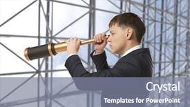  Presentation with telescope - Slide deck having outlook manwith binoculars - business concept businessman looks background and a  colored foreground