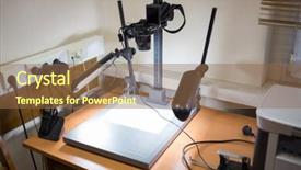  Presentation with flower office desk table - Cool new PPT theme with output device - camera for photocopying is standing backdrop and a tawny brown colored foreground