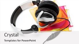  Presentation with cases - Slide deck featuring output device - stereo headphone and compact disks background and a light gray colored foreground