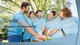  Presentation with volunteer - Cool new theme with outreach - group of volunteer forming hands backdrop and a light blue colored foreground