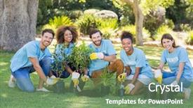  Presentation with volunteer - Cool new PPT theme with outreach - group of volunteer planting backdrop and a seafoam green colored foreground