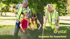  Presentation with family day - PPT theme enhanced with outreach - happy family collecting rubbish background and a tawny brown colored foreground