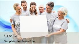  Presentation with blue design - Slide set with outreach - happy volunteer family holding background and a soft green colored foreground