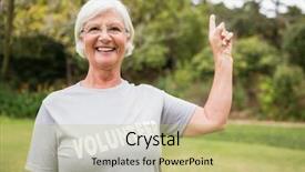  Presentation with volunteer - Amazing PPT layouts having outreach - happy volunteer grandmother with thumbs backdrop and a yellow colored foreground