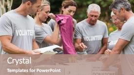  Presentation with volunteer - PPT theme featuring outreach - happy volunteer looking at donation background and a coral colored foreground