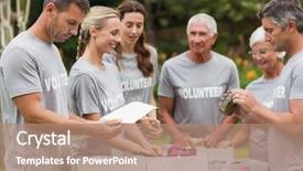  Presentation with volunteer - Presentation theme featuring outreach - happy volunteer looking at donation background and a coral colored foreground