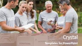  Presentation with volunteer - Theme with outreach - happy volunteer looking at donation background and a coral colored foreground