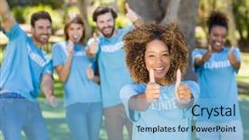  Presentation with volunteer - Audience pleasing theme consisting of outreach - portrait of volunteer group posing backdrop and a light blue colored foreground